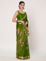 Women’s Mehandi Floral Printed Chinon chitt pallu, with Elegant Satin Patta and Matching Blouse Piece – 6.5 Mtr. - Image 6