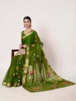 Women’s Mehandi Floral Printed Chinon chitt pallu, with Elegant Satin Patta and Matching Blouse Piece – 6.5 Mtr. - Image 7