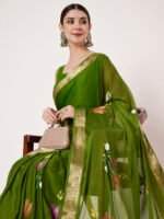 Women’s Mehandi Floral Printed Chinon chitt pallu, with Elegant Satin Patta and Matching Blouse Piece – 6.5 Mtr. - Image 8