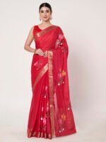 Dark Pink Chinon Chitt Pallu Saree with Elegant Drape, Soft Fabric, Matching Blouse, 6.20 Mtr Length - Image 3