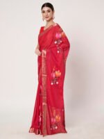 Dark Pink Chinon Chitt Pallu Saree with Elegant Drape, Soft Fabric, Matching Blouse, 6.20 Mtr Length - Image 4