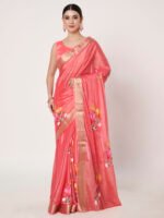 Dark Gajri Floral Printed Chinon Saree with Chitt Pallu and Matching Blouse Piece Included