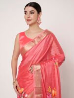 Dark Gajri Floral Printed Chinon Saree with Chitt Pallu and Matching Blouse Piece Included - Image 2