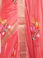 Dark Gajri Floral Printed Chinon Saree with Chitt Pallu and Matching Blouse Piece Included - Image 3