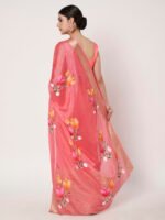 Dark Gajri Floral Printed Chinon Saree with Chitt Pallu and Matching Blouse Piece Included - Image 4