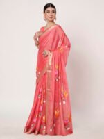 Dark Gajri Floral Printed Chinon Saree with Chitt Pallu and Matching Blouse Piece Included - Image 5