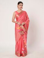 Dark Gajri Floral Printed Chinon Saree with Chitt Pallu and Matching Blouse Piece Included - Image 7