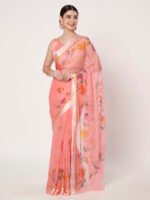 Womens gajri floral chiffon saree, with satin patta border, lightweight, 6.50 meters, includes matching blouse piece.