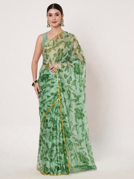 Green Floral Printed Chinon Saree with Elegant Zari Piping and Matching Blouse Piece – 6.50 Mtr