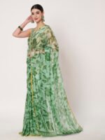 Green Floral Printed Chinon Saree with Elegant Zari Piping and Matching Blouse Piece – 6.50 Mtr - Image 2