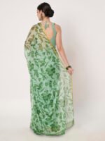 Green Floral Printed Chinon Saree with Elegant Zari Piping and Matching Blouse Piece – 6.50 Mtr - Image 3