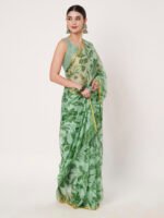 Green Floral Printed Chinon Saree with Elegant Zari Piping and Matching Blouse Piece – 6.50 Mtr - Image 4