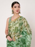 Green Floral Printed Chinon Saree with Elegant Zari Piping and Matching Blouse Piece – 6.50 Mtr - Image 5