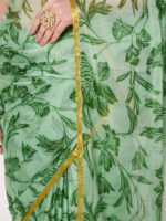 Green Floral Printed Chinon Saree with Elegant Zari Piping and Matching Blouse Piece – 6.50 Mtr - Image 6