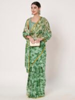Green Floral Printed Chinon Saree with Elegant Zari Piping and Matching Blouse Piece – 6.50 Mtr - Image 7