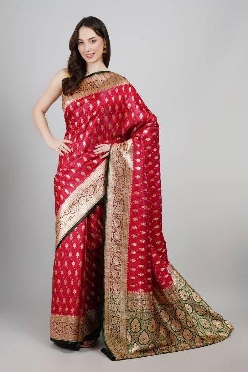Traditional Red Banarasi Silk Saree with Green Tinted Pallu