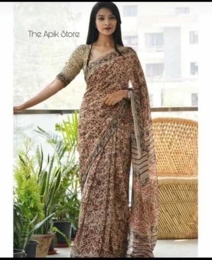 Beige & Light Brown Hand block Printed Cotton Saree